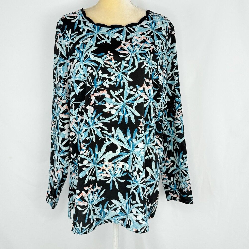 Jaclyn Smith Women Floral Print Long Sleeve Scalloped Neck Top Size XL - Picture 2 of 16
